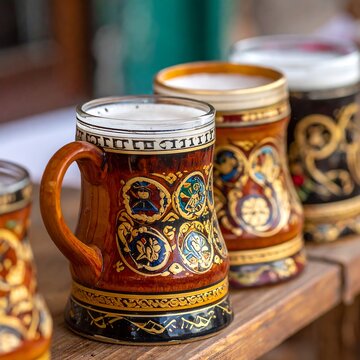 A close-up of intricately designed ceramic beer steins on a wooden surface