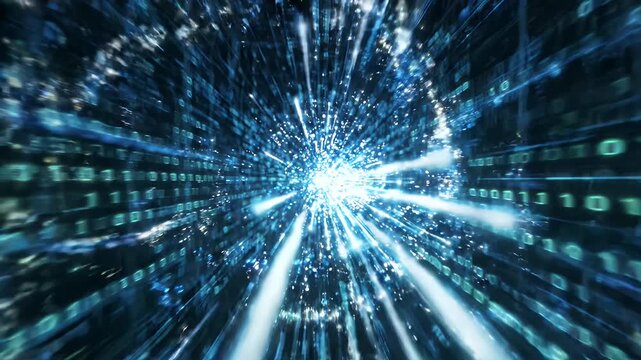 Abstract Digital Data Stream Through Cyber Space - An abstract digital data stream flows through a futuristic cyberspace with binary code and glowing lights.