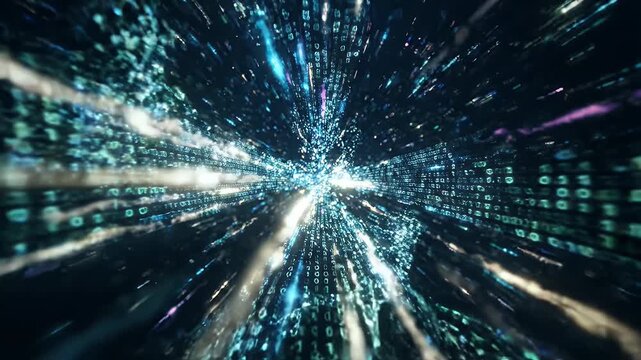 Digital Data Stream Tunnel Through Cyberspace - An abstract digital data stream with binary code flows rapidly through a dark cyberspace tunnel.