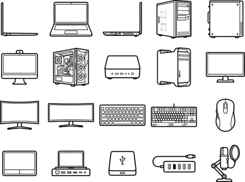 Collection of computer hardware outline icons, showcasing a variety of desktop and laptop computers, monitors, keyboards, mice, and networking devices.