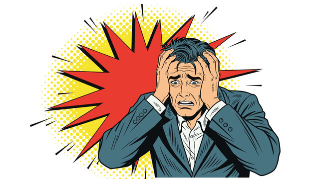 Stressed businessman in a suit clutching his head in panic against a yellow and red comic book style explosion background.
