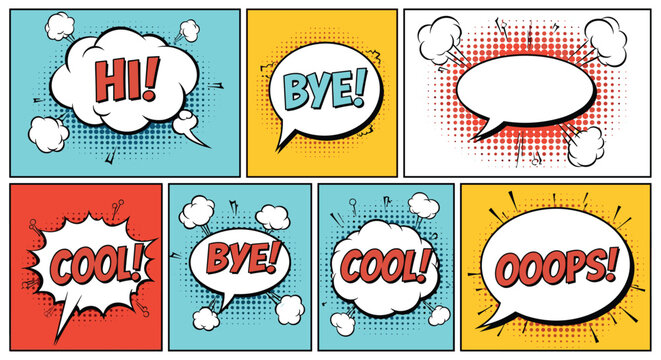 Collection of colorful comic book speech bubbles with various words like hi bye cool and ooops on a white grid layout.