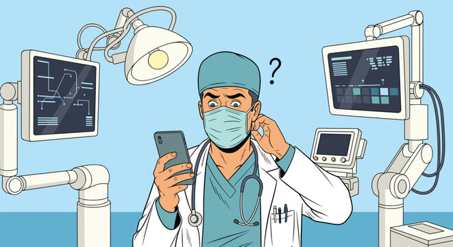 Surprised surgeon in medical scrubs and mask looking at his smartphone with a puzzled expression in a high tech operating room.