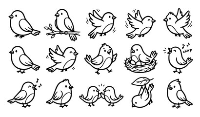 Obraz premium Black and white bird doodle illustration pack featuring cute hand sketched birds in various playful poses