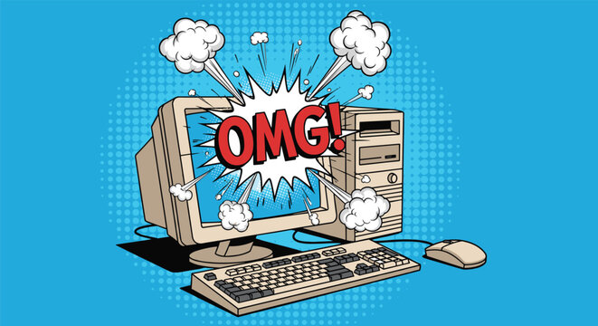 Retro desktop computer monitor and tower with a white explosion bubble saying omg on a blue halftone background.