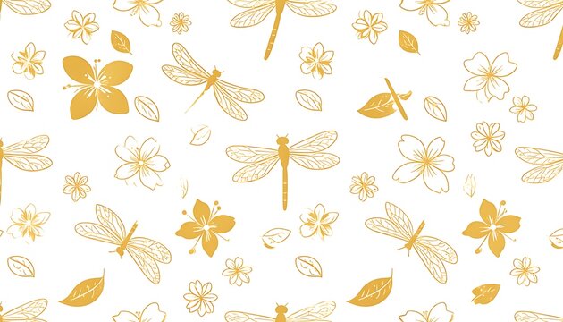 Gold dragonflies and flowers scattered across a white backdrop create a nature-inspired, delicate, and visually appealing pattern