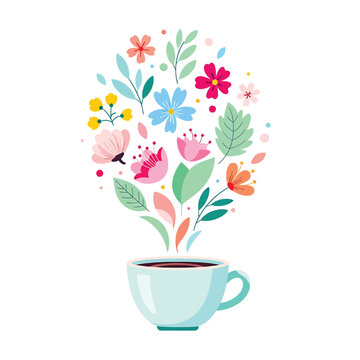Colorful flowers rising from coffee cup.