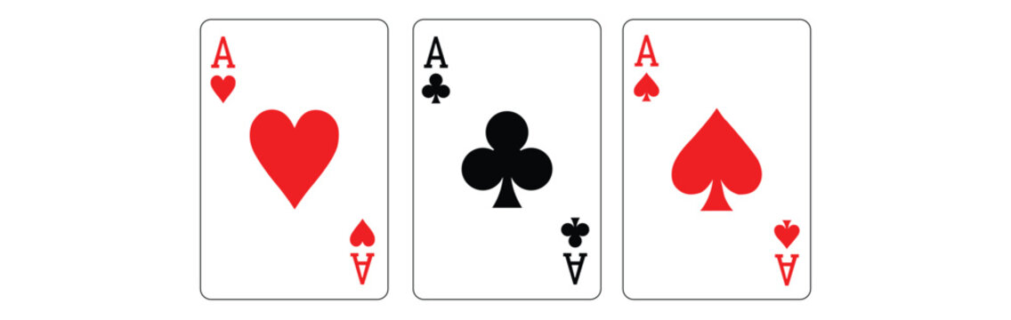 Three ace playing cards set of hearts, clubs and spades vector illustration.