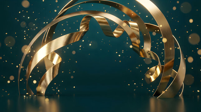 Abstract golden ribbon loops on dark teal background with glittering particles, gold element