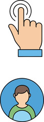 Fototapeta premium Hand Gesture Icon with Raised Finger and Blue Label Bar, Plus Person Avatar Badge Illustration