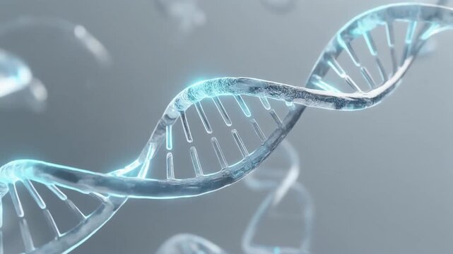 Close-up of a glowing blue DNA double helix structure against a gray background with a shallow depth of field