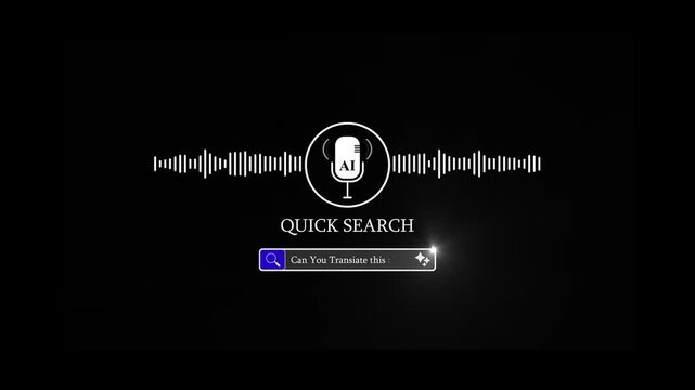 AI Voice Assistant Animation with Sound Wave Microphone Icon and Quick Search Bar Typing Prompts on Black Background.