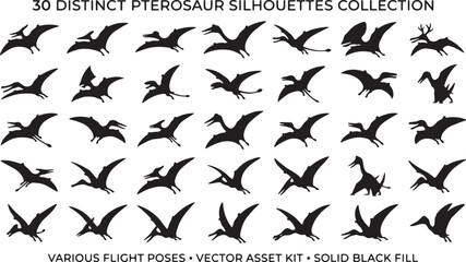 30 Distinct Pterosaur Silhouettes Collection, Various Flight Poses, Vector Asset Kit, Solid Black Fill © Sharif