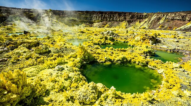 Dallol Volcanos vibrant yellow sulfur formations and emerald green acidic pools under a clear blue sky in Ethiopia.