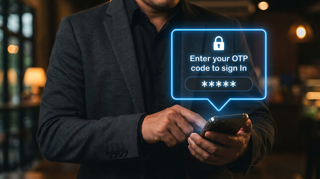 Businessman entering secure OTP verification code on smartphone for login access