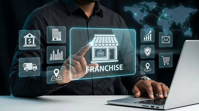 Businessman managing global franchise business network using digital interface on laptop