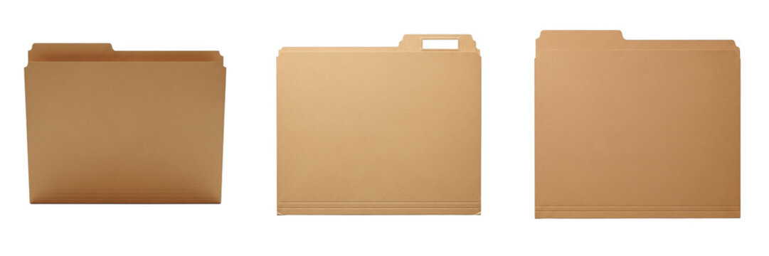 Set of a brown cardboard file folder, essential for office organization, document storage, and business project management, isolated on a transparent background.