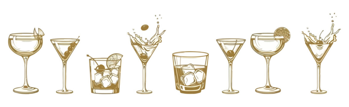 Set of Hand-Drawn Alcoholic Cocktails in Gold Ink Style