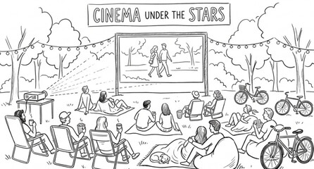 Fototapeta premium Open air movie theater with audience sketch vector illustration
