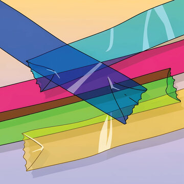 Colorful plastic film wrapping material rolls.