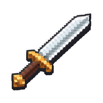 3D Pixel Gold and Silver Sword Icon, Retro Voxel Gaming Weapon Element Isolated on White.