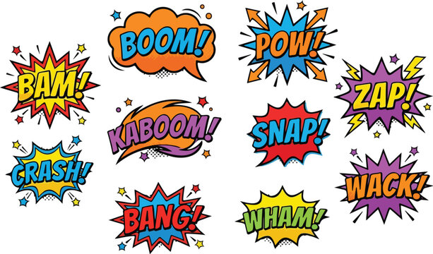 Colorful comic book sound effects set with pop art speech bubbles explosions bam boom and zap for action design elements,
