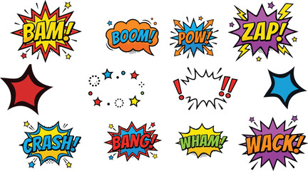 Colorful comic book sound effects set with pop art speech bubbles explosions bam boom and zap for action design elements, © Mousumi