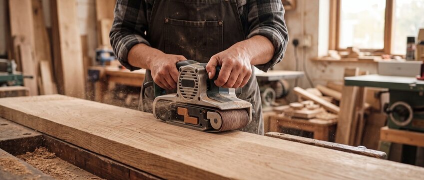 Carpenter sanding wood with belt sander close up woodworking detail