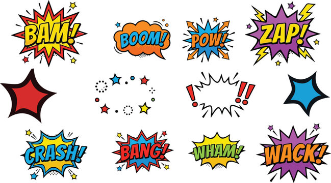 Colorful comic book sound effects set with pop art speech bubbles explosions bam boom and zap for action design elements,