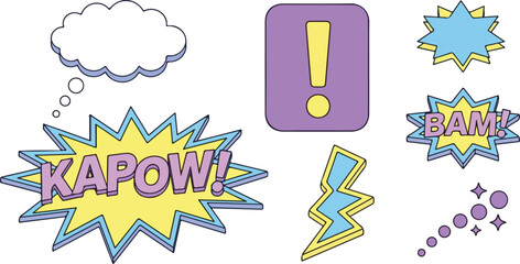 Comic book style speech bubble set with pop art explosion clouds exclamation marks and action sound effects for creative design, © Mousumi