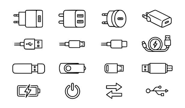 Mobile Phone Charger and USB Device Outline Vector Icon Collection