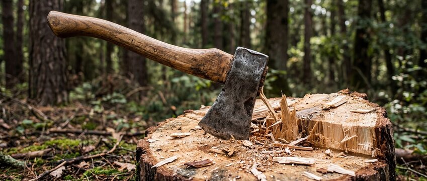 Axe on chopped wood in forest rustic woodworking concept