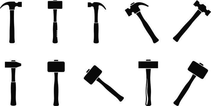 Hammer icons collection, carpentry and construction tools, claw and sledgehammer silhouette, industrial equipment illustration, black vector design set