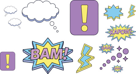 Comic book style speech bubble set with pop art explosion clouds exclamation marks and action sound effects for creative design, © Mousumi