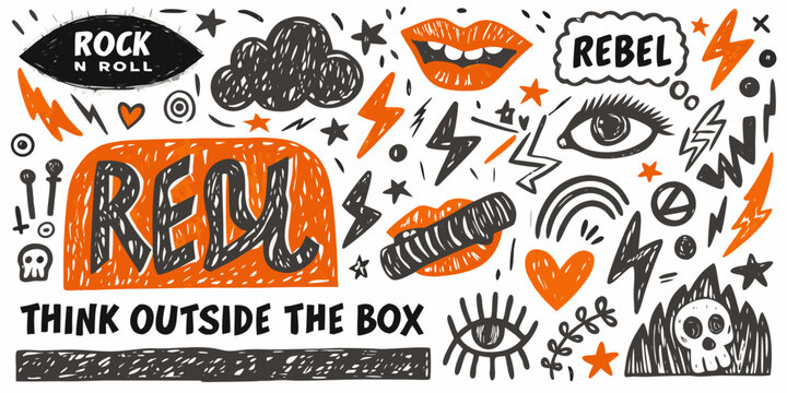 Punk rock themed vector doodle collection with lips eyes and lightning bolts