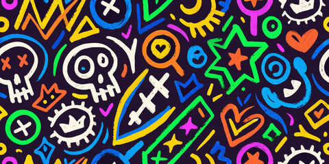 Fototapeta premium Neon graffiti doodle pattern with skulls hearts and stars on black