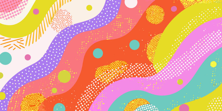 Abstract Memphis style vector background with wavy shapes and colorful dots