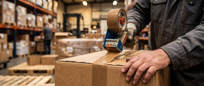 Warehouse worker sealing cardboard box with tape dispenser close up
