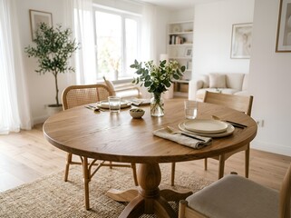 Fototapeta premium Cozy Dining Room with Round Wooden Table and Natural Light