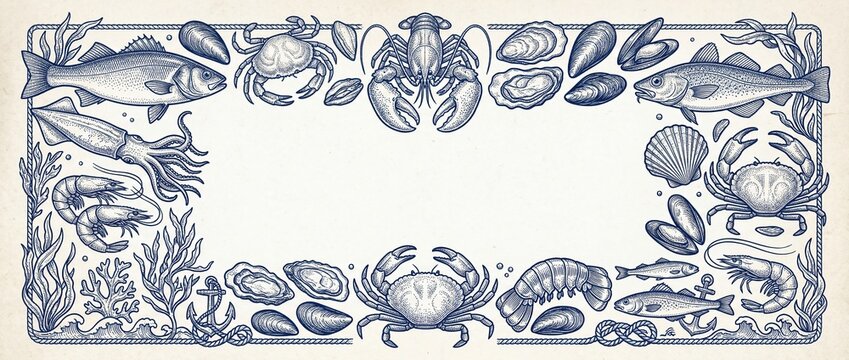 Vintage seafood illustration frame with hand drawn marine elements