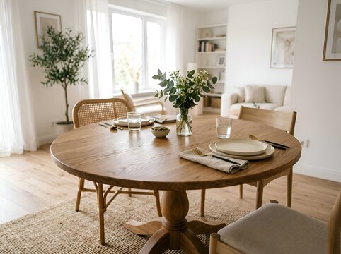 Cozy Dining Room with Round Wooden Table and Natural Light