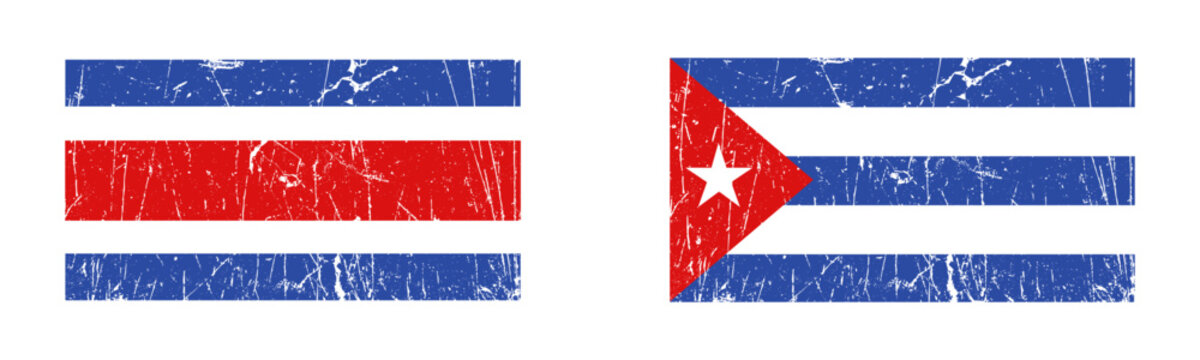 Grunge Costa Rica and Cuba flags vector illustration, distressed Costa Rican and Cuban flag set isolated on white background