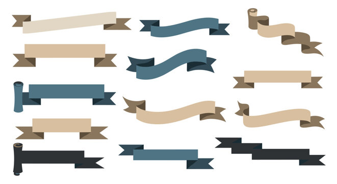 Extensive collection of decorative ribbons and banners in different colors and shapes for headings, labels, and graphic design projects.