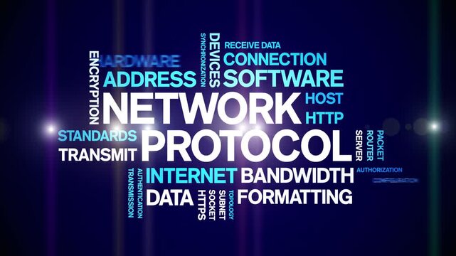 Network Protocol animated word cloud-text design animation tag kinetic typography seamless loop.