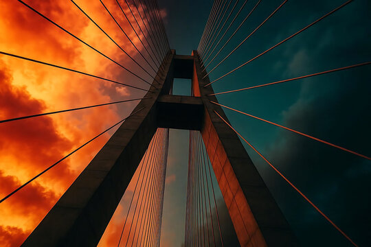 High angle abstract perspective of massive suspension bridge pillar at sunset