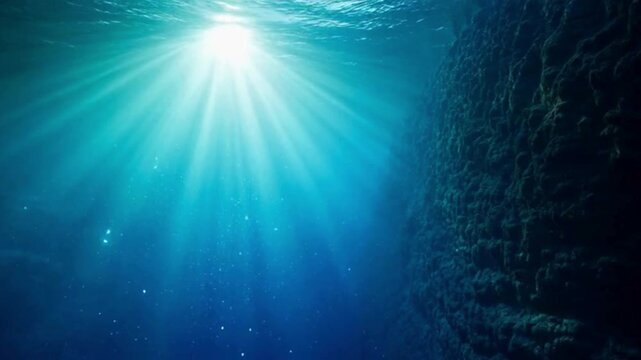 Underwater sunbeams piercing deep blue ocean water, ethereal light rays shining through sea surface, dark aquatic abyss with rocky cliff