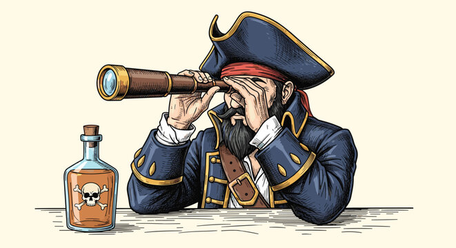 Sea captain pirate wearing a traditional blue uniform and tricorne hat looks through a brass telescope beside a glass bottle of skull poison.