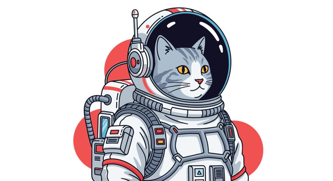Adorable grey and white tabby cat wears a highly detailed white astronaut spacesuit while looking off into the distance in outer space.