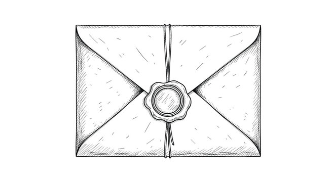 Antique paper envelope is sealed with a traditional round wax stamp and tied with a thin string in this vintage style hand drawn sketch.