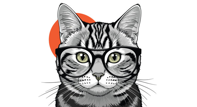 Smart grey tabby cat wears thick black rimmed glasses and looks directly at the camera in this fun and quirky animal portrait illustration.